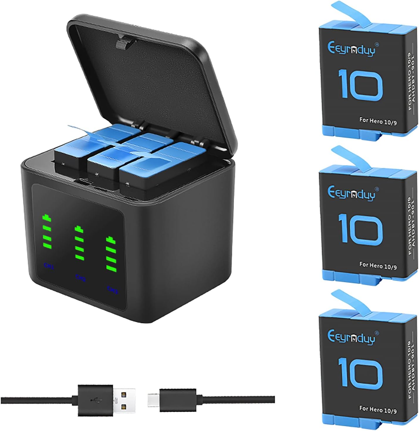 Batería recargable de repuesto para Gopro Hero 9Hero 10Hero 11 Black Camera Paquete de 3 baterías y cargador USB de 3 canales Combo