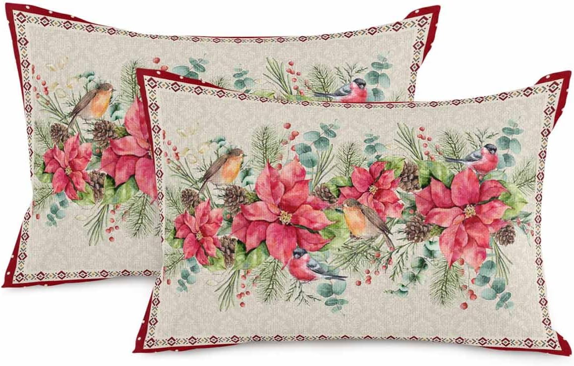 Paquete de 2 fundas de almohada decorativas de algodón, diseño de flor de pascua, baya y cardenal de Feliz Navidad, 12 x 20 pulgadas, rectangular,