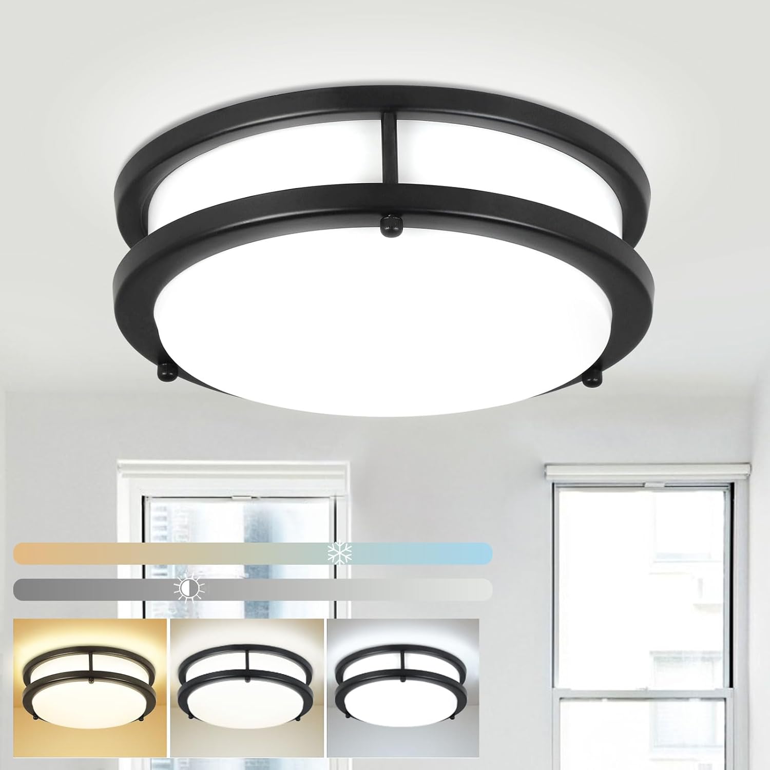 DLLT – Lámpara de techo LED moderna de 24 W con control remoto, regulable de 10 pulgadas, lámpara de techo redonda negra para dormitorio, cocina,