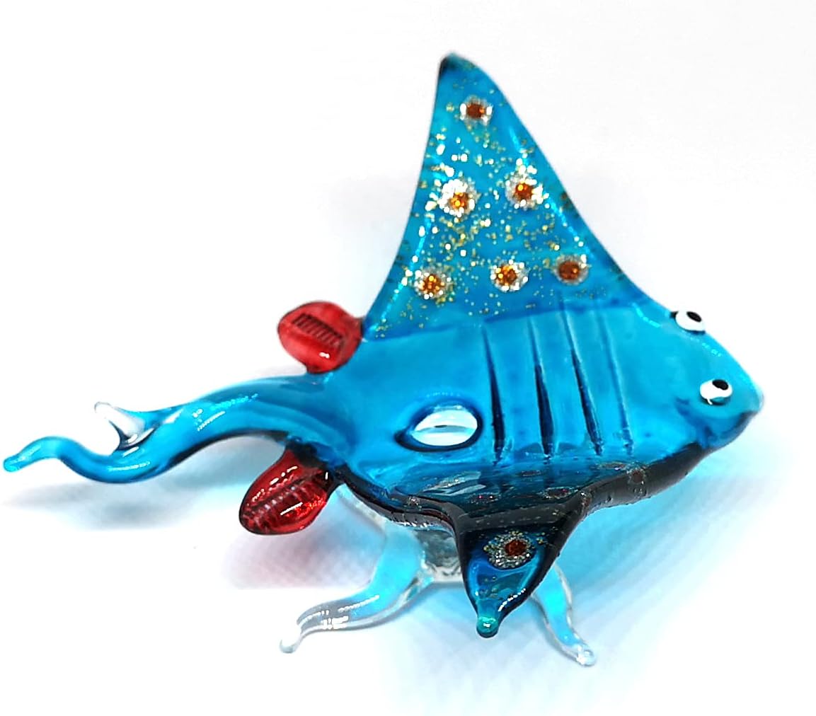 ZOOCRAFT Figura de cristal de mantarraya azul soplado a mano, adorno coleccionable para acuario en miniatura, decoración costera, 3.0 x 3.1 x 1.3