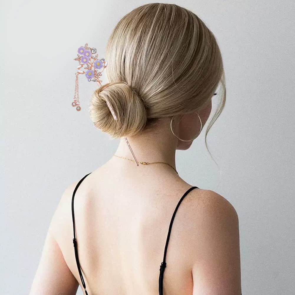 Paquete de 4 palillos para el cabello con flores de diamantes de imitación para moños, palillos de pelo con borlas vintage, accesorios de peinado