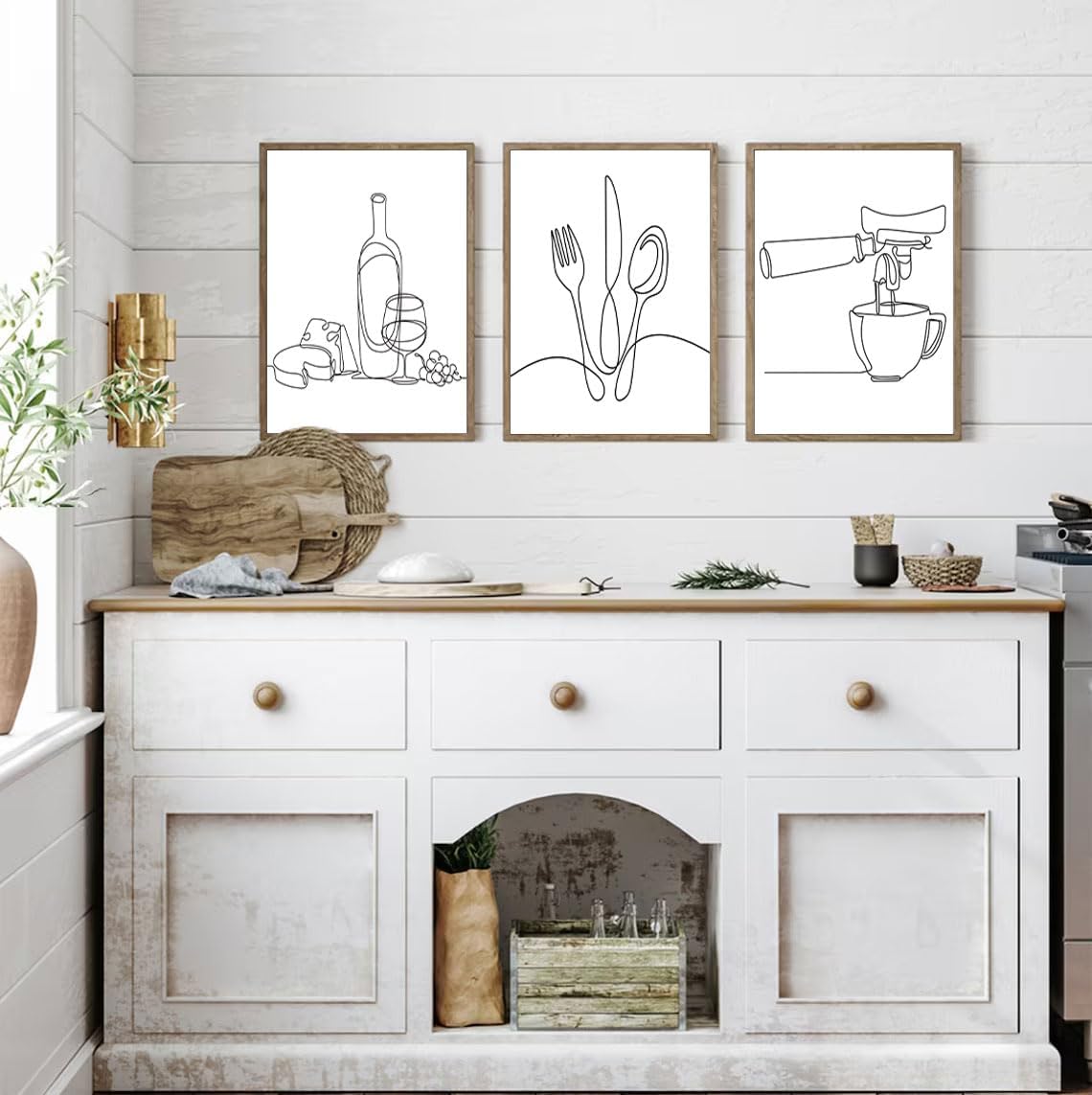3 piezas de arte de pared de dibujo en línea, moderno, blanco y negro, minimalista, cocina, arte abstracto, impresiones artísticas de comedor,