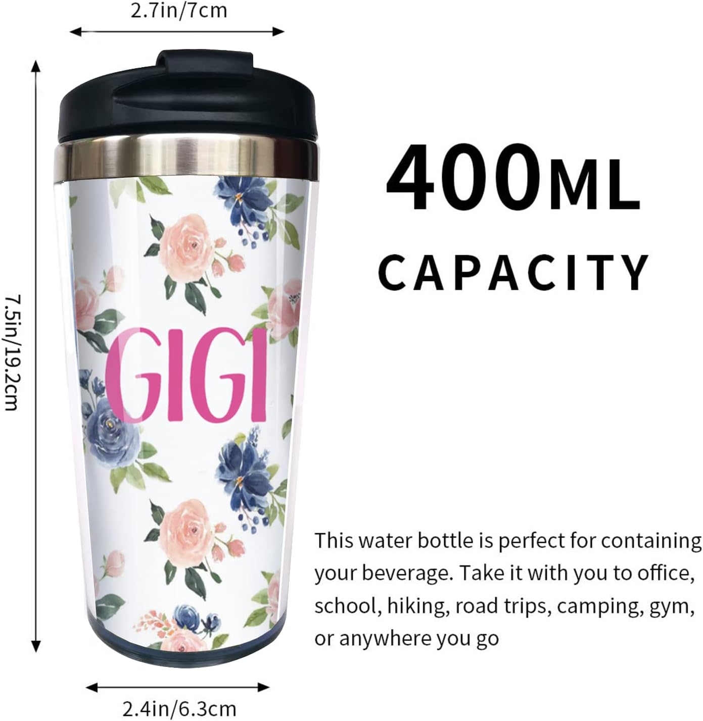 Yipaidel GiGi – Taza de café de viaje de acero inoxidable con diseño floral de acuarela azul, de 13 onzas, divertida botella de agua aislada, regalo