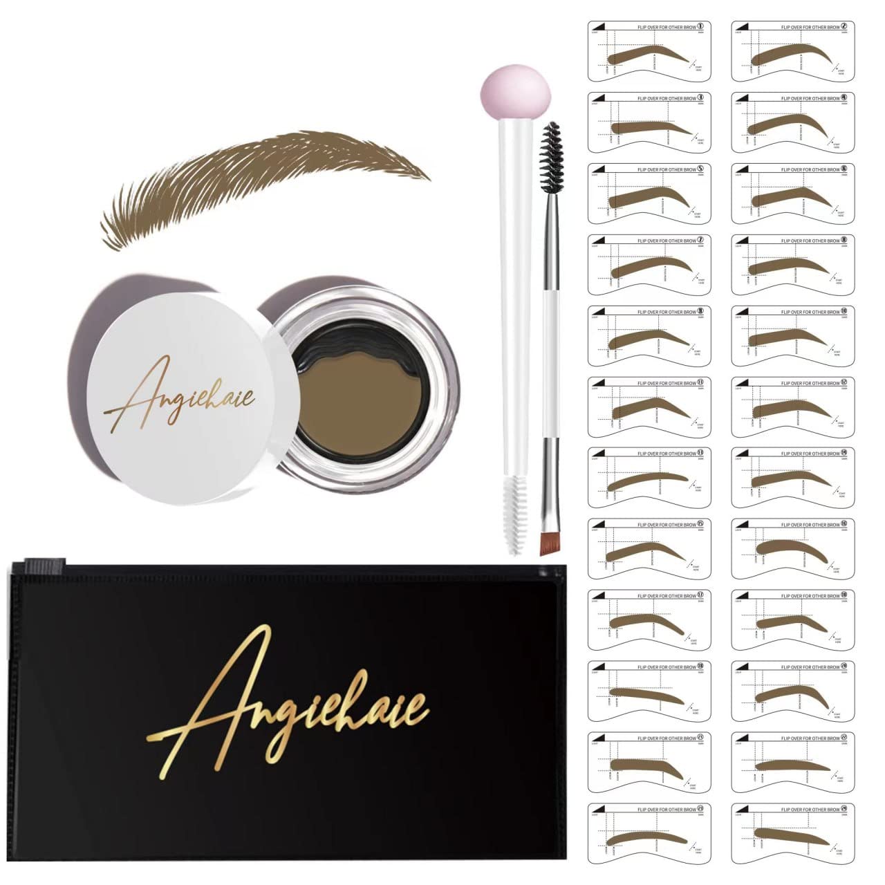 Kit de plantillas para cejas, sello de cejas, 24 plantillas de cejas gruesas y finas con 2 aplicadores de cepillo de doble punta y esponja, cejas