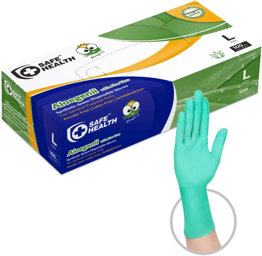 Safe Health Aloegenii – Guantes desechables de vinilo verde HD, revestimiento de aloe vera, 5.5 mil, caja de 100, grandes, sin látex, sin polvo,