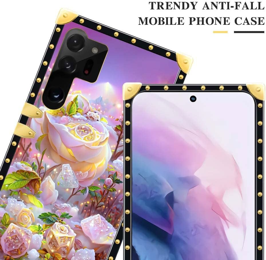 TAMEFOX Funda compatible con Samsung Galaxy S23 Ultra, funda cuadrada protectora de TPU suave a prueba de golpes con 3 flores blancas para Samsung