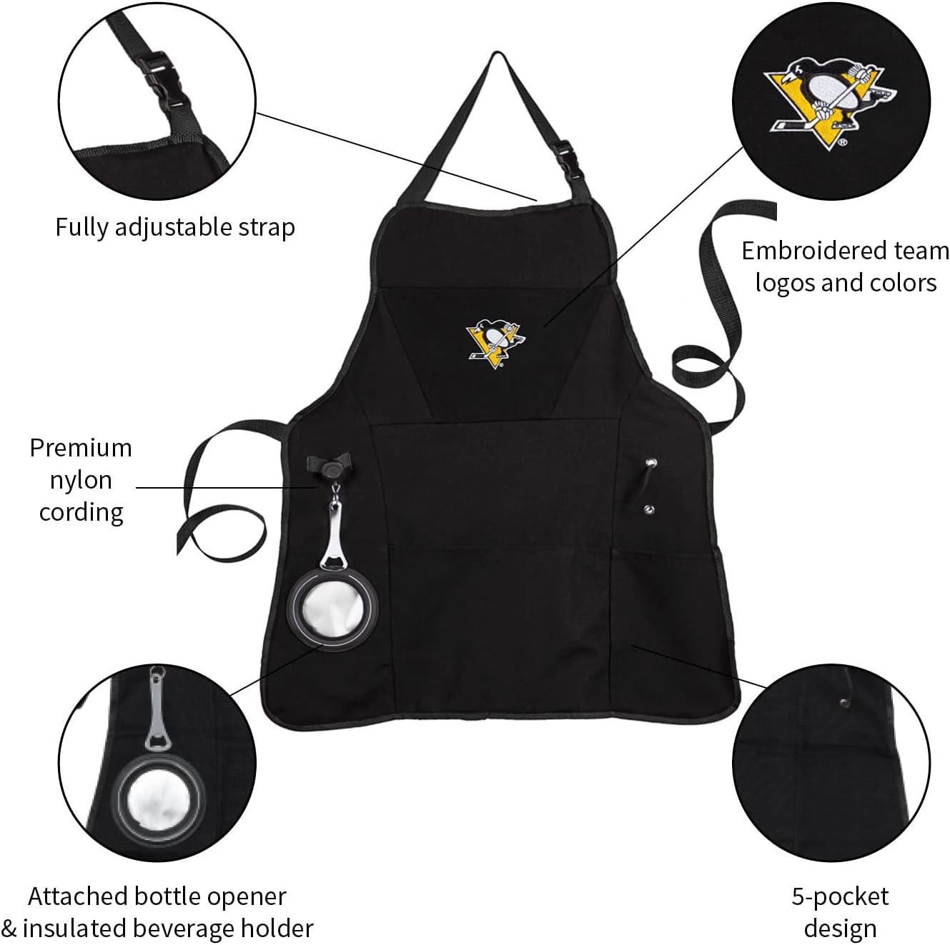 Team Sports America Delantal negro para asar al aire libre de la NHL  Pingüinos de Pittsburgh  Hecho de algodón duradero  Abridor de bebidas y