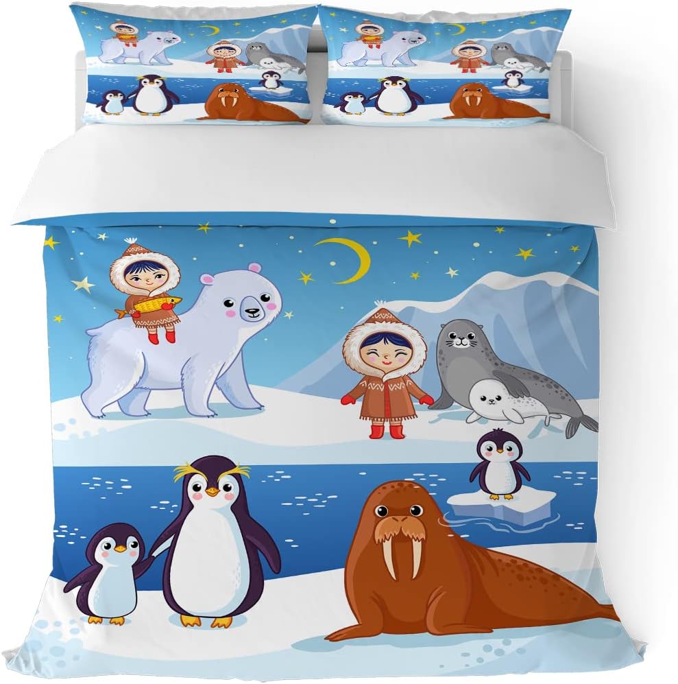 Juego de funda de edredón de animales árticos, tamaño King, bonito diseño de pingüino y oso polar, funda de edredón para dormitorio de adolescentes,