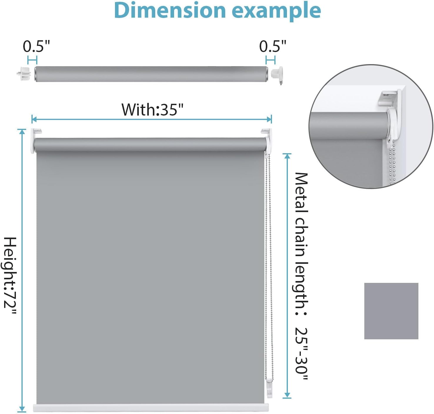 SUNFREE Persianas enrollables opacas para ventanas, 20 pulgadas de ancho x 72 pulgadas de alto, color gris claro, persianas extraíbles para ventanas