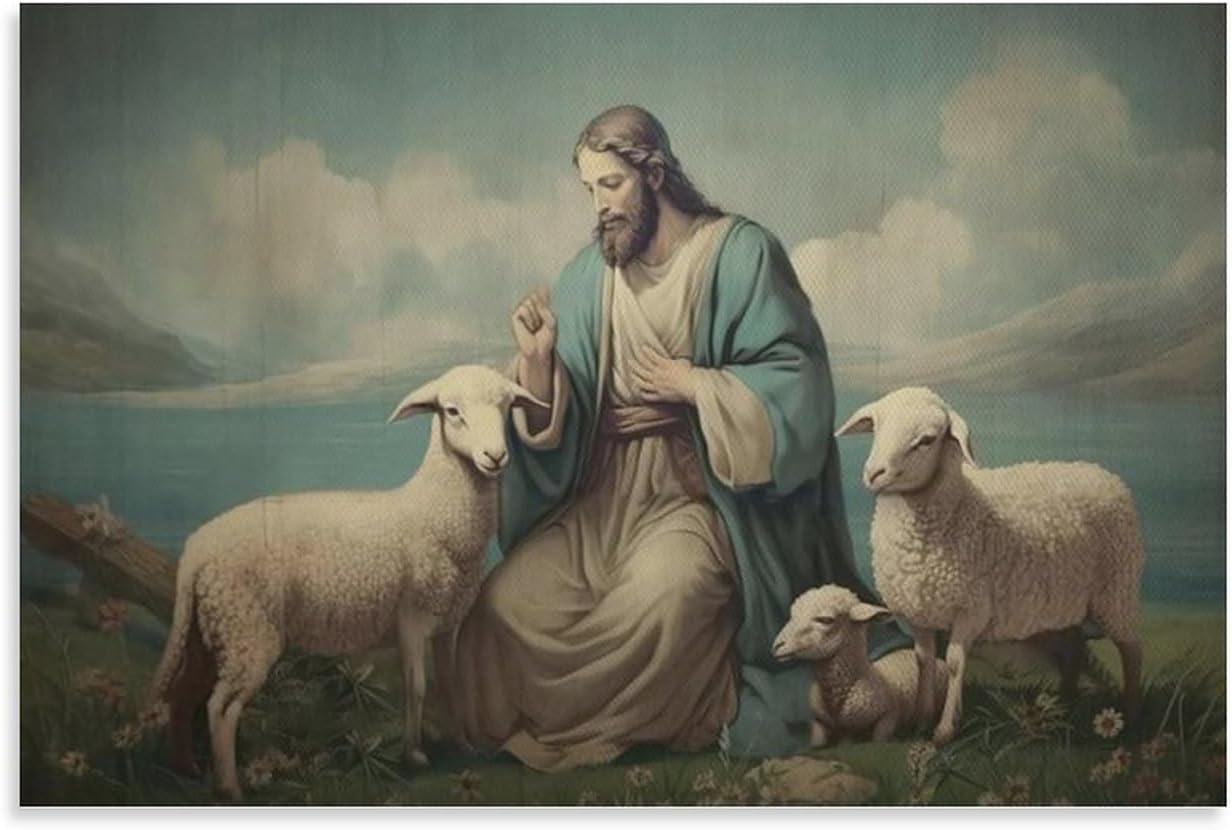 Arte De Pared Retro Para Dormitorio, Jesús Y Cordero, Carteles De Jesucristo, Decoración De Habitaci Póster Pintura Decorativa Lienzo Póster de