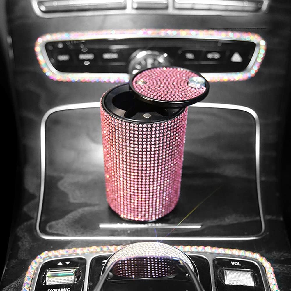 Cenicero de cigarrillos de automóvil con diamantes brillantes portátil con tapa, a prueba de olores, cenicero de automóvil con diamantes de cristal