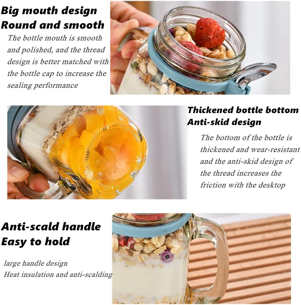Tarros de avena con cuchara y tapa, paquete de 2 tarros de avena de vidrio de 16.2 onzas con asa, tarros herméticos de gran capacidad para frutas,