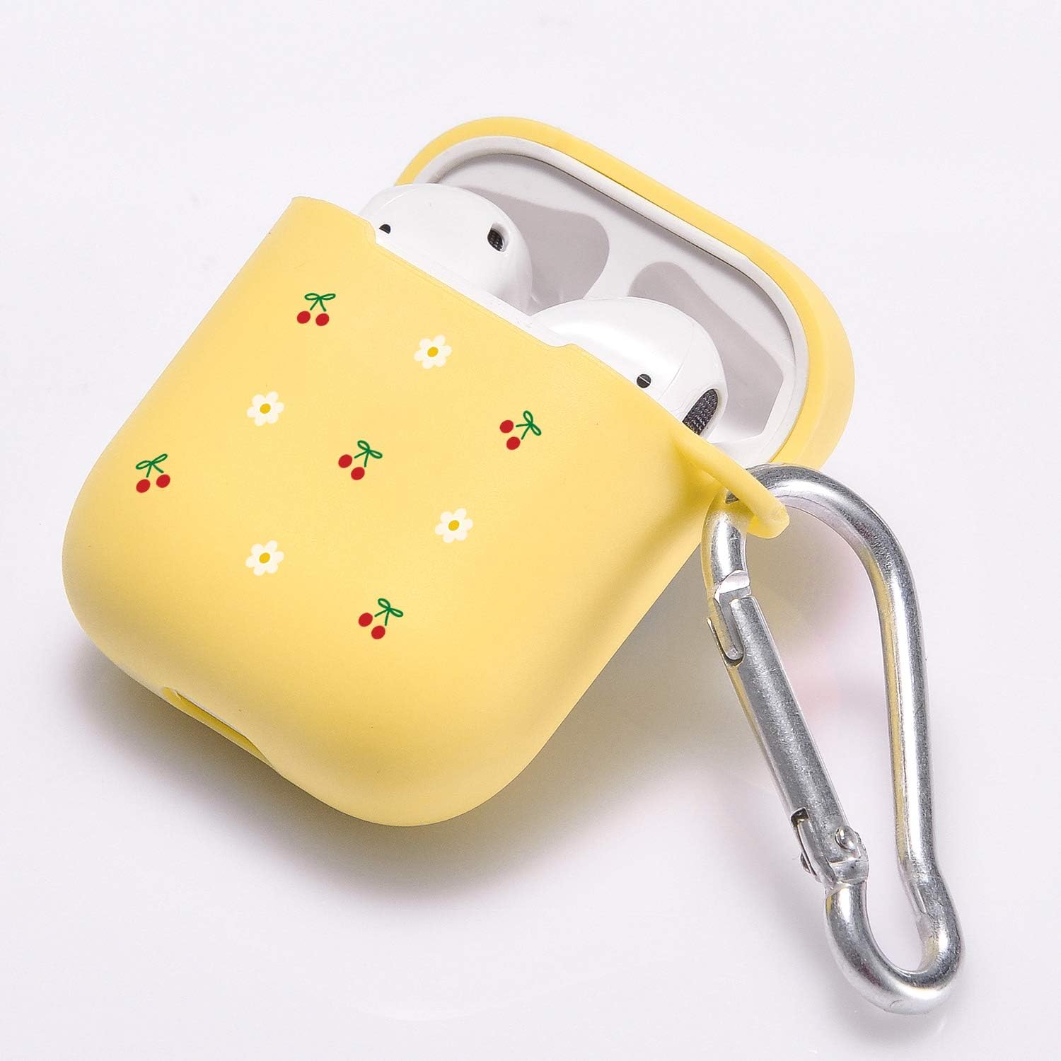 Funda amarilla para AirPod 1 y 2 con llavero de mosquetón de anillo, bonita funda de cereza inalámbrica para auriculares inalámbricos, funda