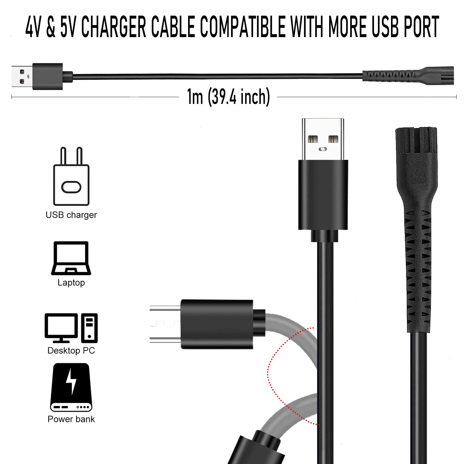 Cable de carga USB para Wahl Magic Clip Senior Sterling-4 Detailer Litio-Ion Pro Clippers, cable de carga de repuesto compatible con Wahl 8164