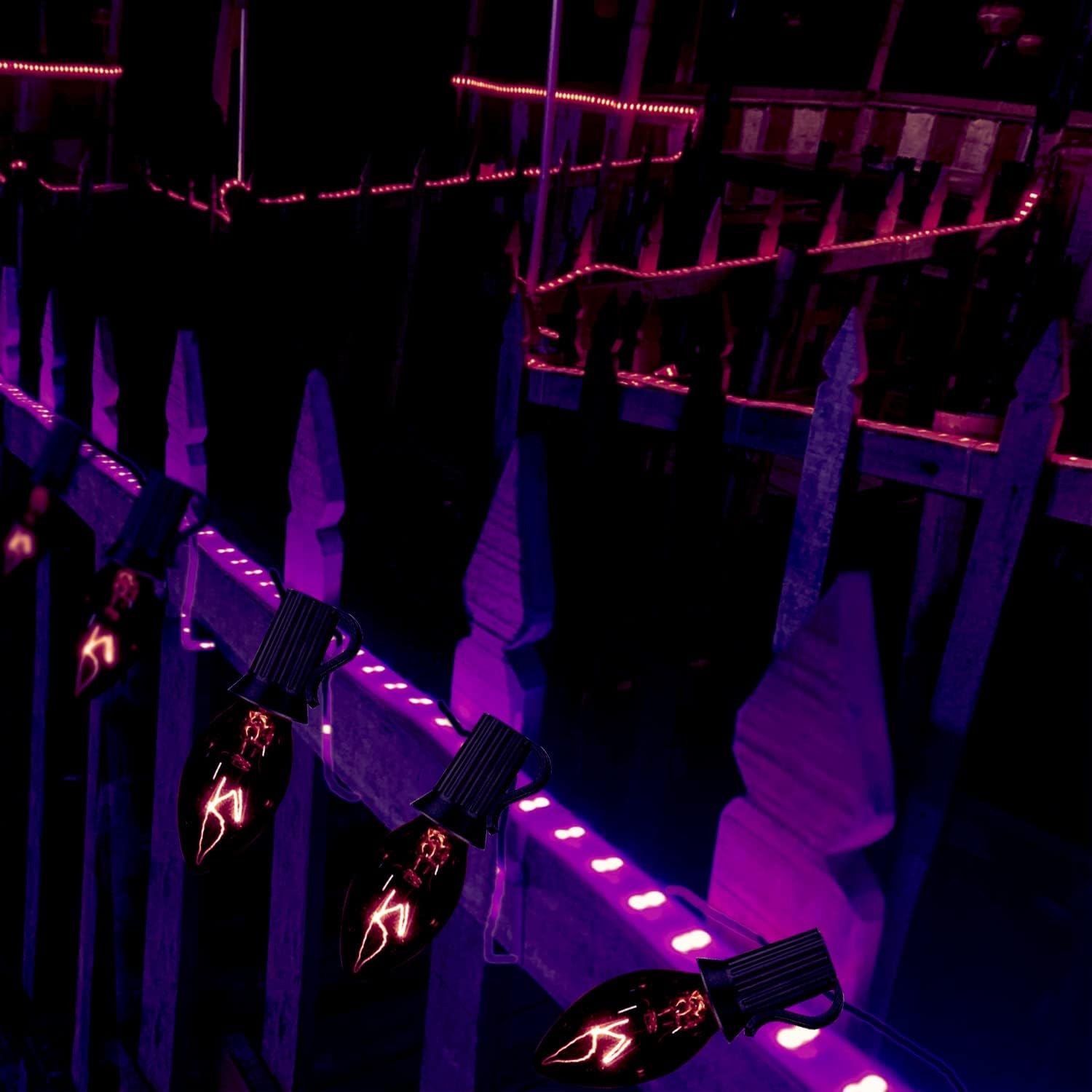 Guirnalda de luces C7 de 25 pies, color morado oscuro, luces de Halloween, ideales como decoraciones de Halloween para el hogar, fiesta, patio,