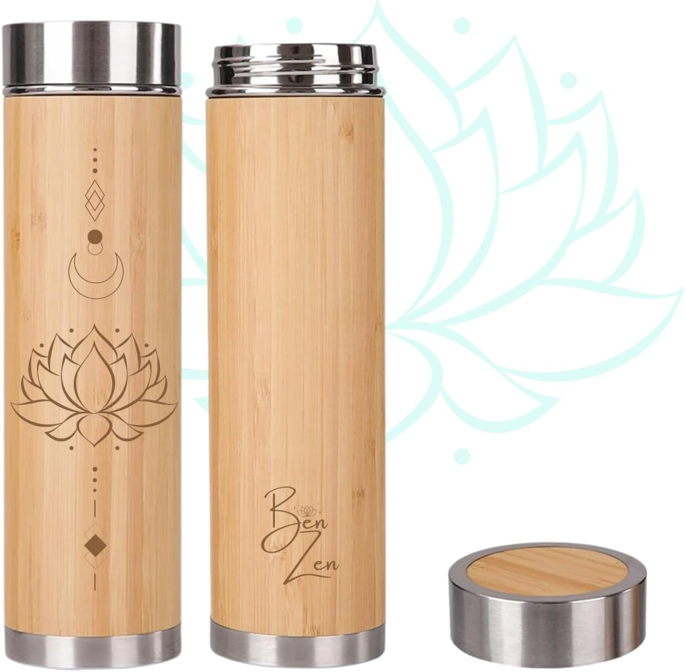 BenZen Vaso de té de bambú con colador, botella térmica de acero inoxidable con aislamiento térmico que mantiene el calor y el frío durante 12