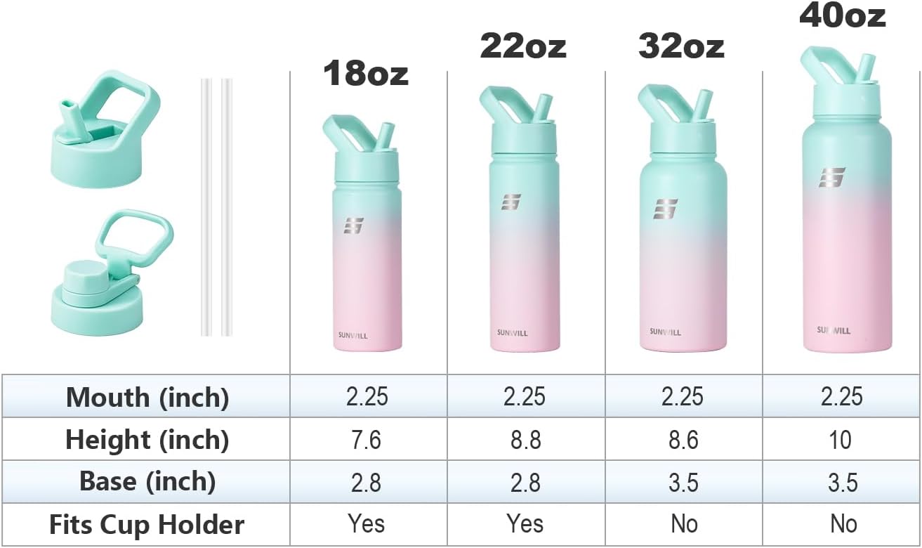 SUNWILL Botella de agua aislada con popote, botella de agua para deportes y viajes, 22 onzas, acero inoxidable de doble pared, apta para portavasos,