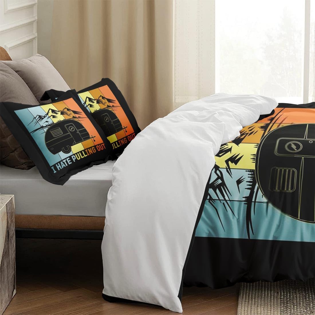Juego de funda de edredón tamaño King, divertido juego de ropa de cama retro para acampar con cierre de cremallera para niños y adultos, funda de