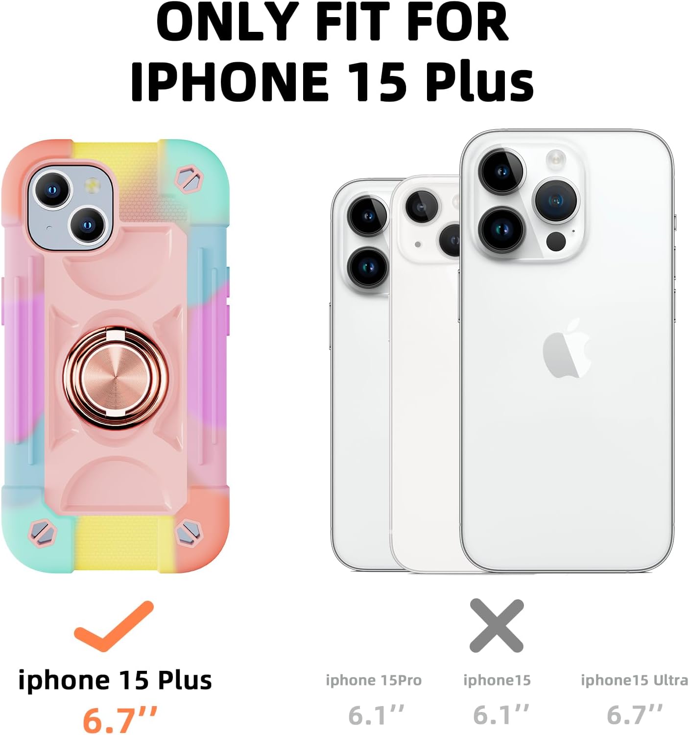 Funda compatible con iPhone 15 Plus de 6.7 pulgadas, resistente a prueba de golpes, de grado militar, con soporte de anillo, protector de pantalla