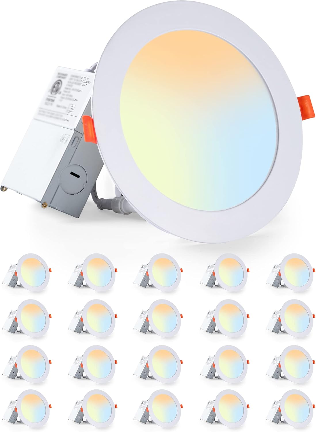 LEDIARY Paquete de 20 luces LED empotrables ultrafinas de 6CCT de 6 pulgadas con caja de conexiones, 2500K-5000K lámparas empotrables