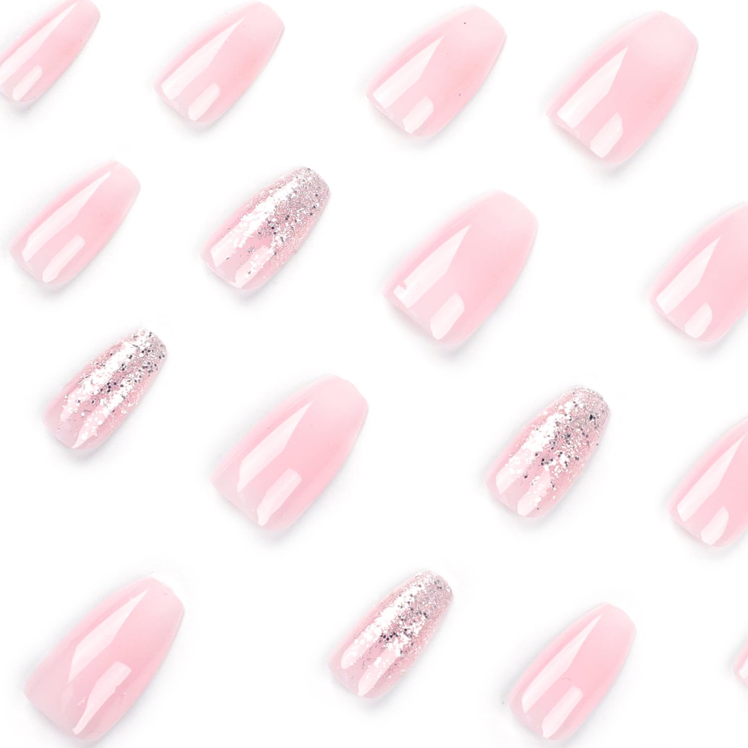 Uñas postizas a presión de ataúd, uñas postizas de longitud media, uñas postizas con purpurina rosa degradado, diseño brillante de cobertura
