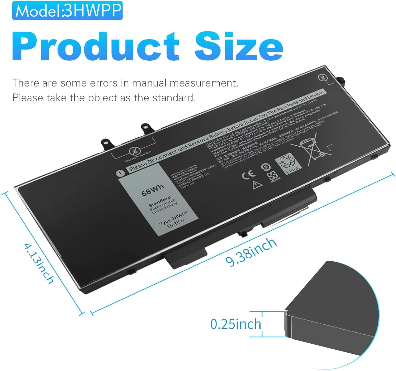 Reemplazo de batería de 68Wh 3HWPP 15.2V para Dell Inspiron 17 7500 7506 7706 2 en 1 Negro Latitude 5401 5410 5411 5501 5510 5511 E5401 E5410 E5510