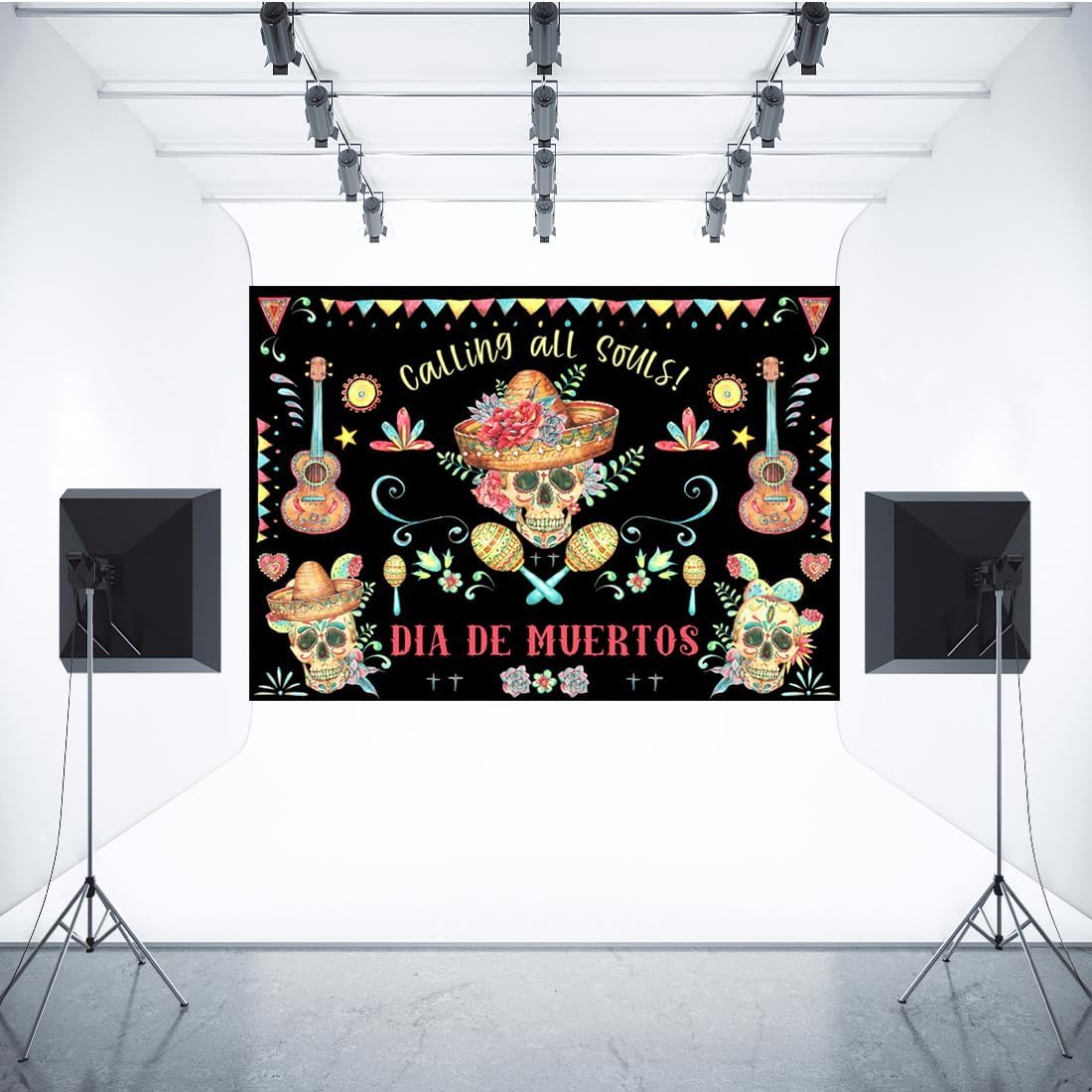 Aperturee Telón de fondo del Día de los Muertos de 7 x 5 pies para fiesta mexicana, flores de calavera de azúcar, fondo de fotografía Dia DE Los