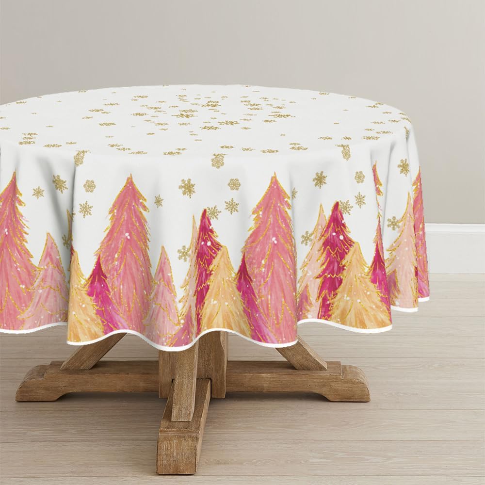 Horaldaily Mantel redondo de Navidad de 70 x 70 pulgadas, diseño de árboles rosados dorados, cubierta de mesa lavable para fiesta, picnic y cena