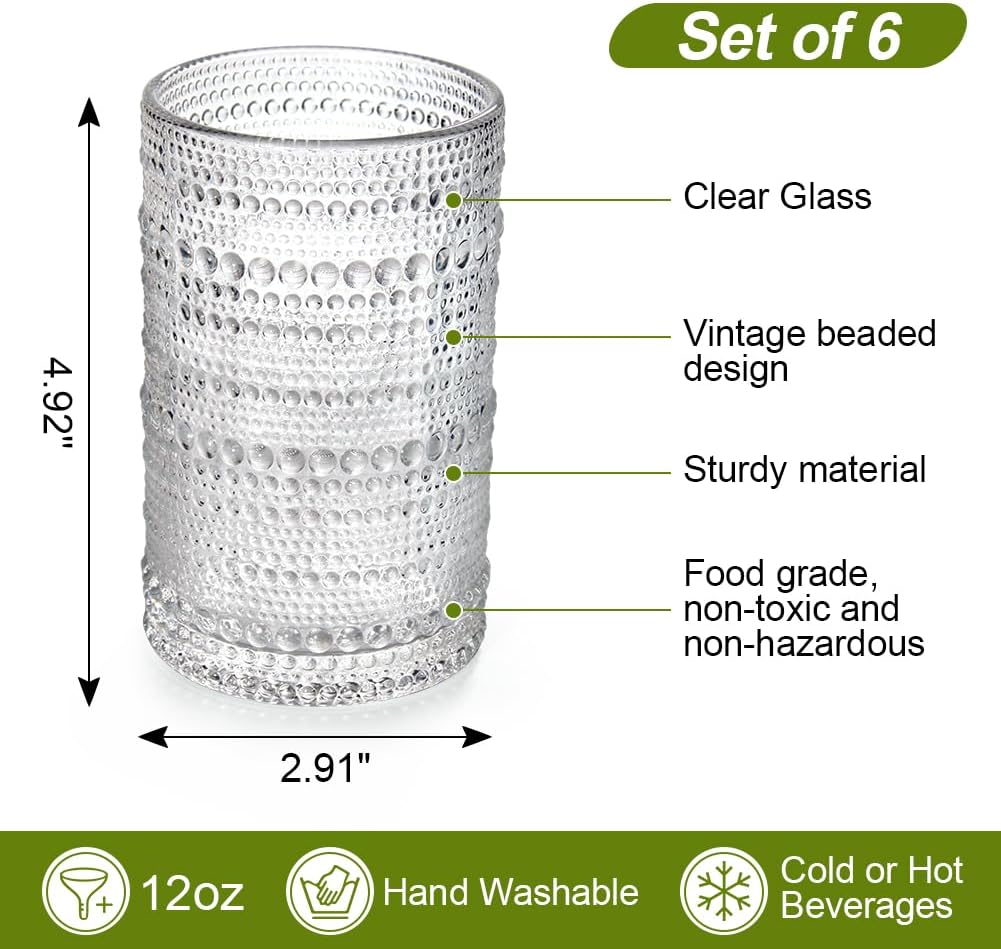 Juego de 6 vasos vintage para beber, 12 onzas, vasos de vidrio con relieve, juego de cristalería vintage para bebidas, jugo, whisky, cerveza,