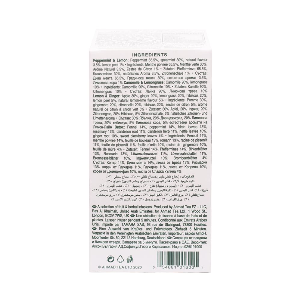 Ahmad Tea Té de hierbas, selección de frutas y hierbas, 4 tés de menta y limón, manzanilla y citronela, limón y jengibre, y bolsitas de té