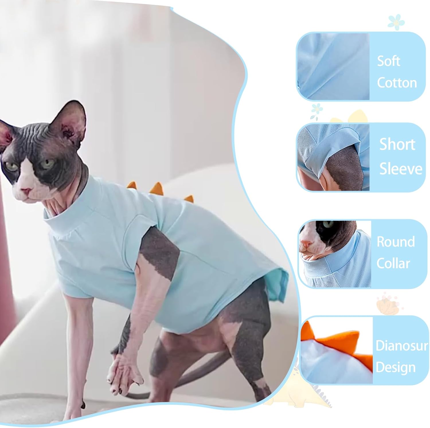 Bonaweite Sphynx – Ropa de gato sin pelo, lindas camisas de diseño de dinosaurio, ropa de gato solo para gatos, chaleco transpirable para gatitos,
