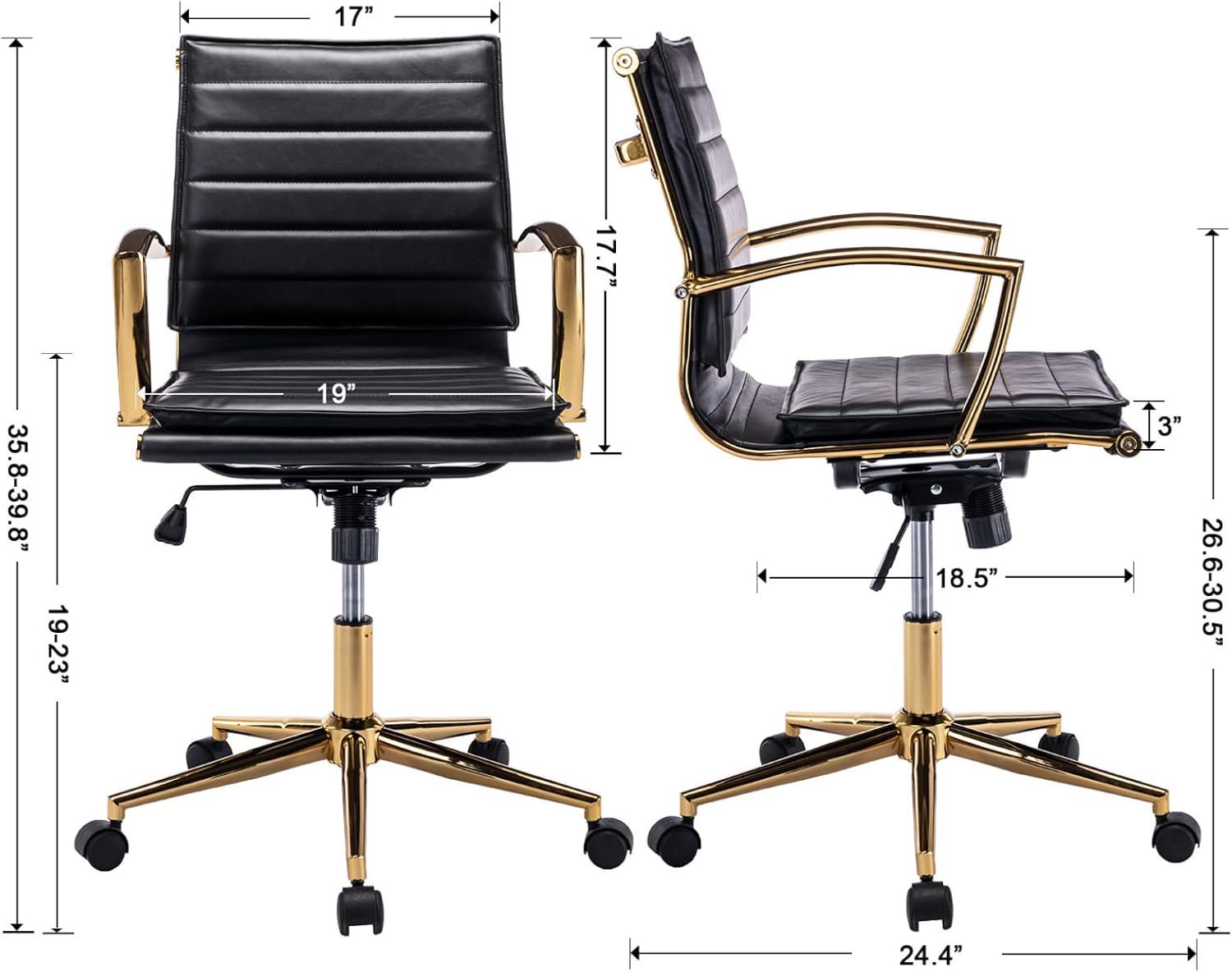 EALSON Silla de escritorio de cuero moderna, silla ergonómica de oficina con ruedas y brazos, base dorada, cómoda silla de trabajo para computadora,