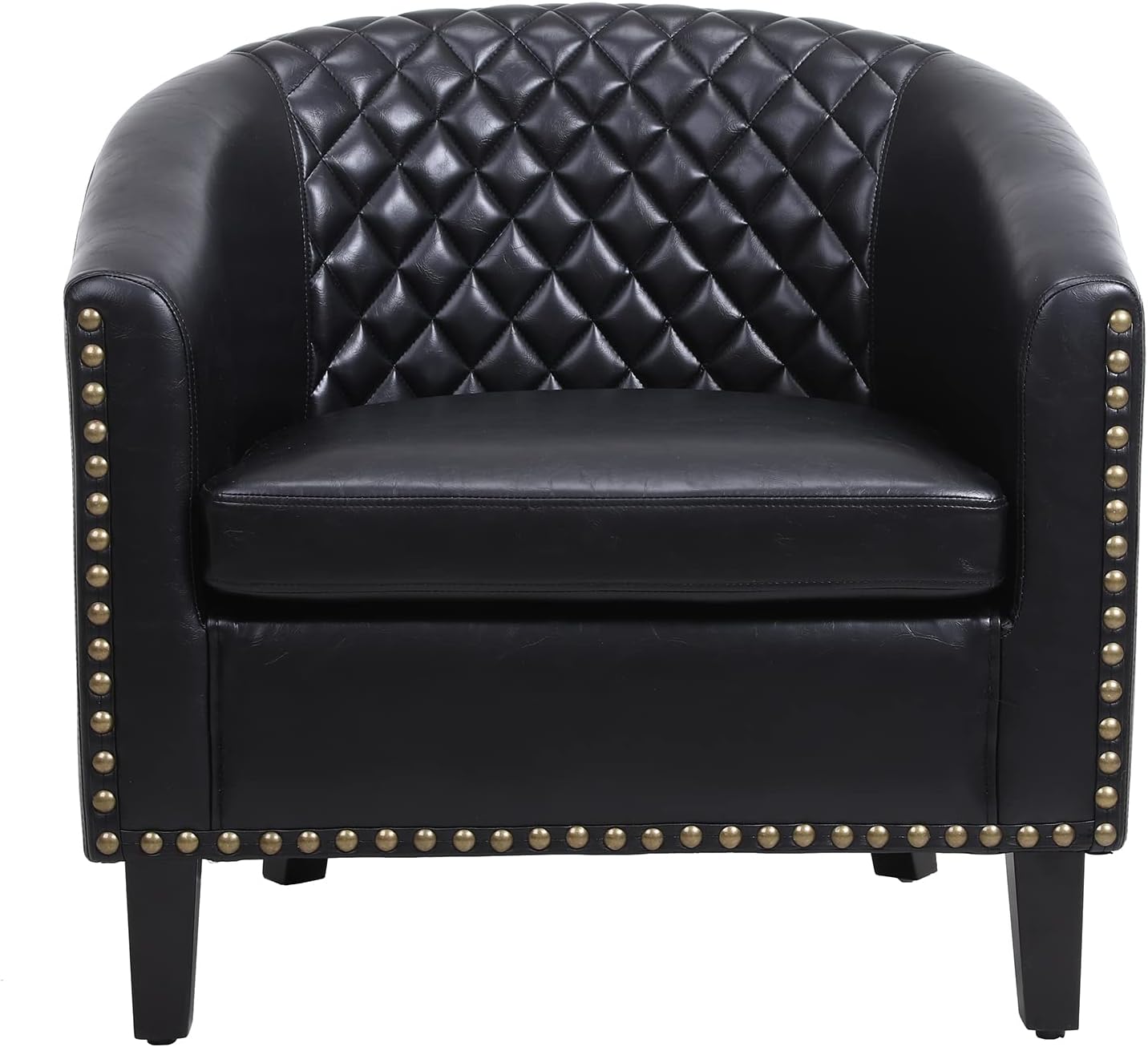 Silla de barril de cuero PU negro para sala de estar Sillón de ocio con cabezas de clavos y patas de madera maciza, talla única