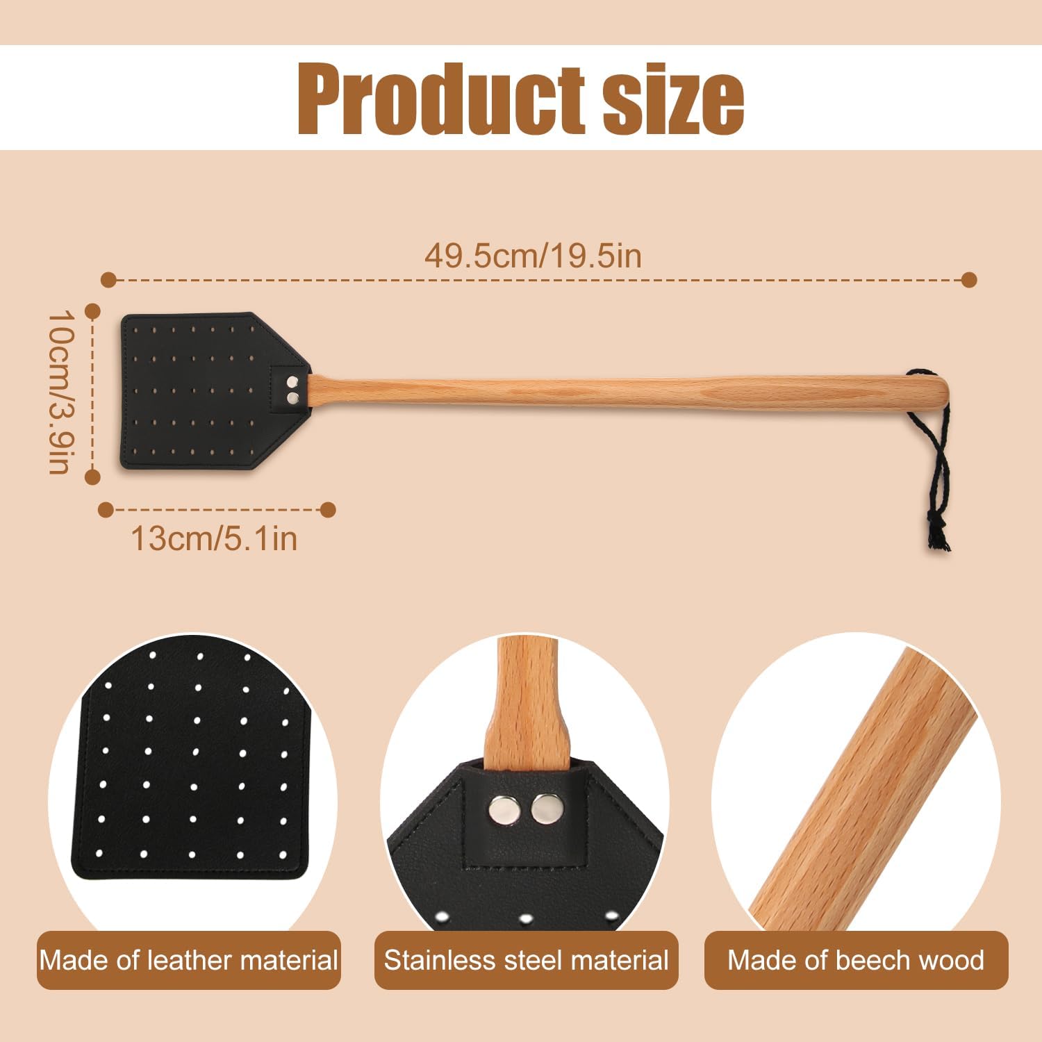 2 matamoscas de cuero para colgar, 19.5 pulgadas de largo, resistente matamoscas manual con mango de madera, atrapa avispas para interiores y