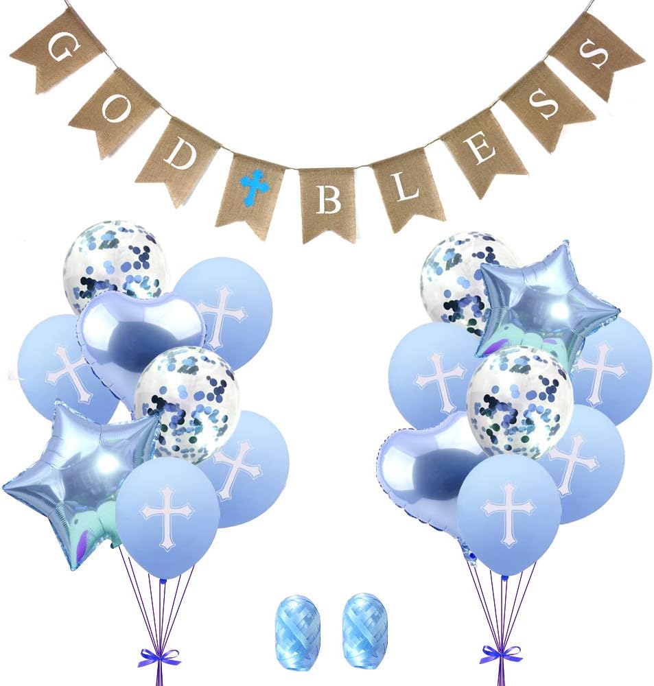 Banner de bautismo con texto en inglés God Bles, decoraciones de bautismo para niño, globos de confirmación, globos de primera comunión, globos