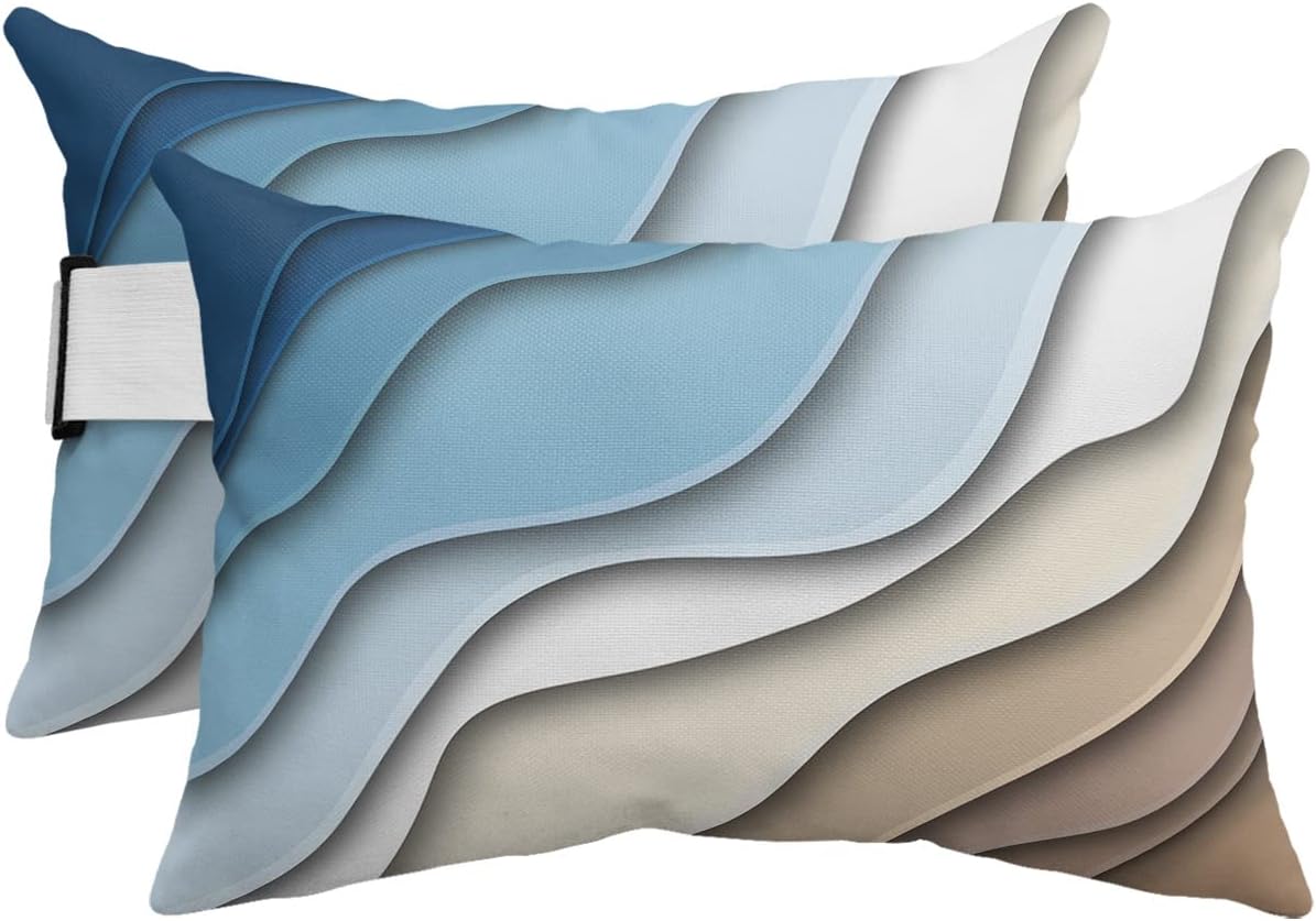 HilariousM Almohadas para exteriores con rayas degradadas azules y marrones para tumbona, almohada de apoyo lumbar impermeable a rayas abstractas