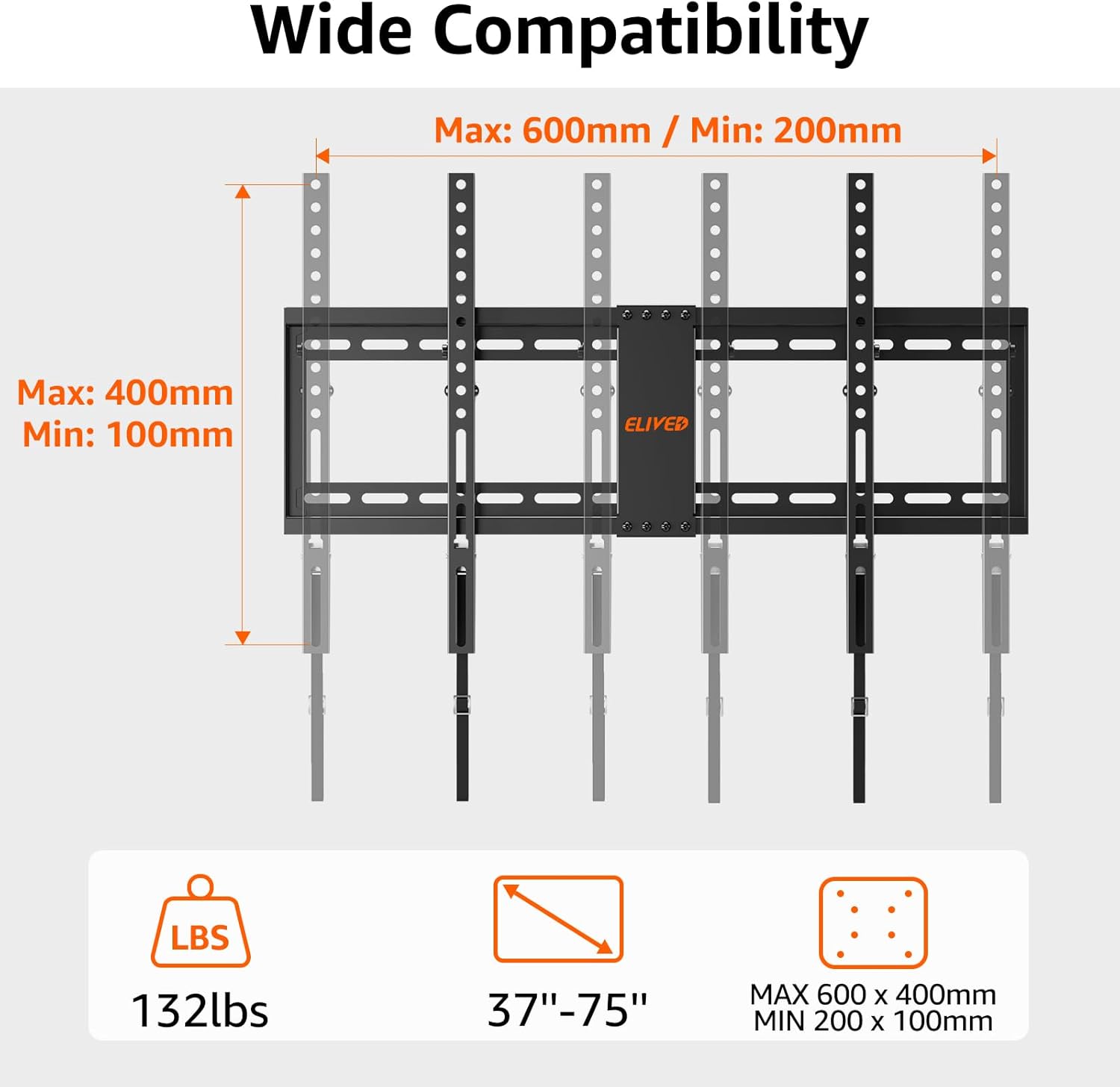 ELIVED Soporte de TV para la mayoría de televisores de 37 a 75 pulgadas, soporte de pared universal para TV de 16 pulgadas, 18 pulgadas, 24 pulgadas