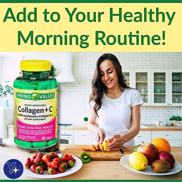Comprimidos de colágeno altamente absorbible + C Suplemento dietético Spring Valley, 2,500 mg, 90 unidades y marcador de YOLOMOLO