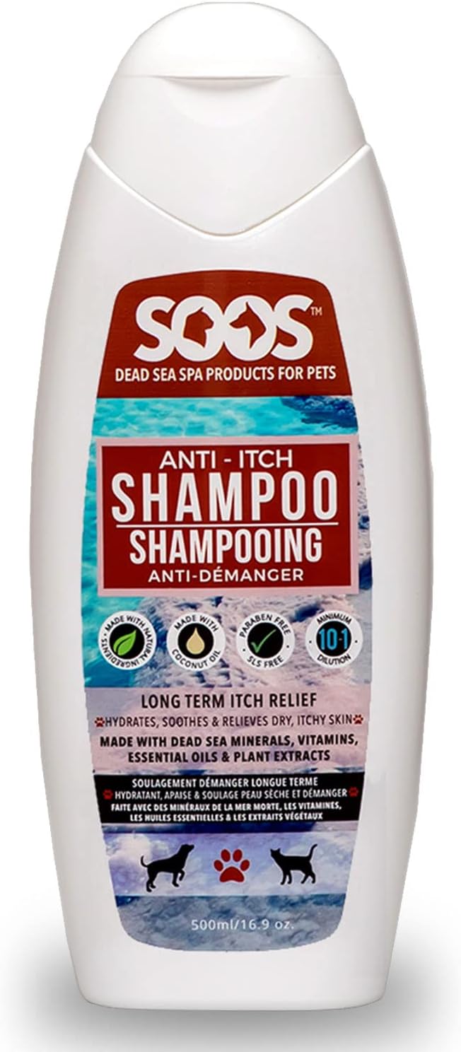 Soos Champú para perros para gatos y mascotas, antipicazón, minerales del Mar Muerto, piel limpia de rápida absorción con vitaminas, aceites