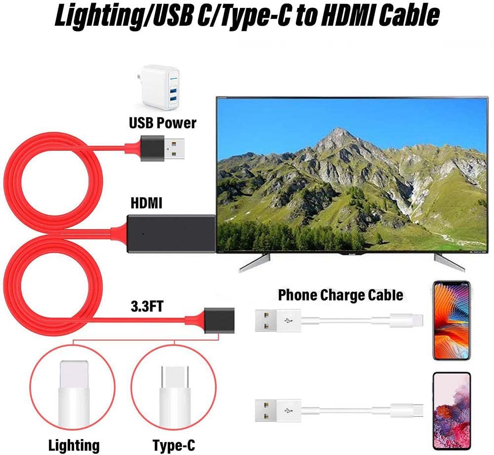 Cables HDMI adaptador USB a HDTV, cable USB macho + USB hembra a HDMI macho 1080P HDTV Mirroring Cable compatible con iPhoneiPadS9S8Note 8 y más