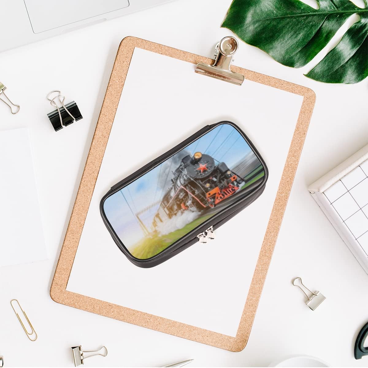 Estuche para lápices de tren de locomotora de vapor, tren azul cielo, gran capacidad, estuche para bolígrafos, papelería, bolsa para la escuela,