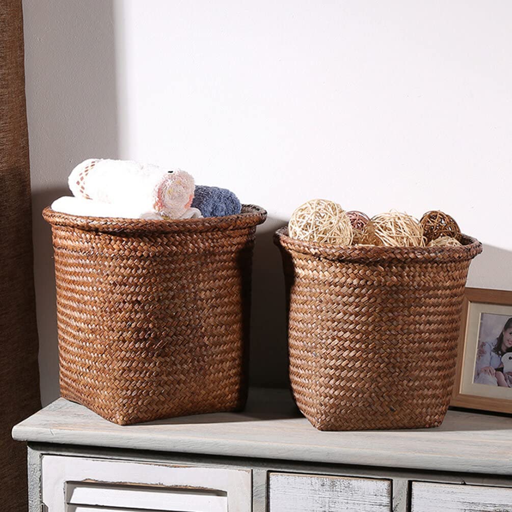 Basurero tejido para exteriores, cesta de basura tejida con pajilla, cesta de almacenamiento decorativa para artículos diversos, cesta de basura