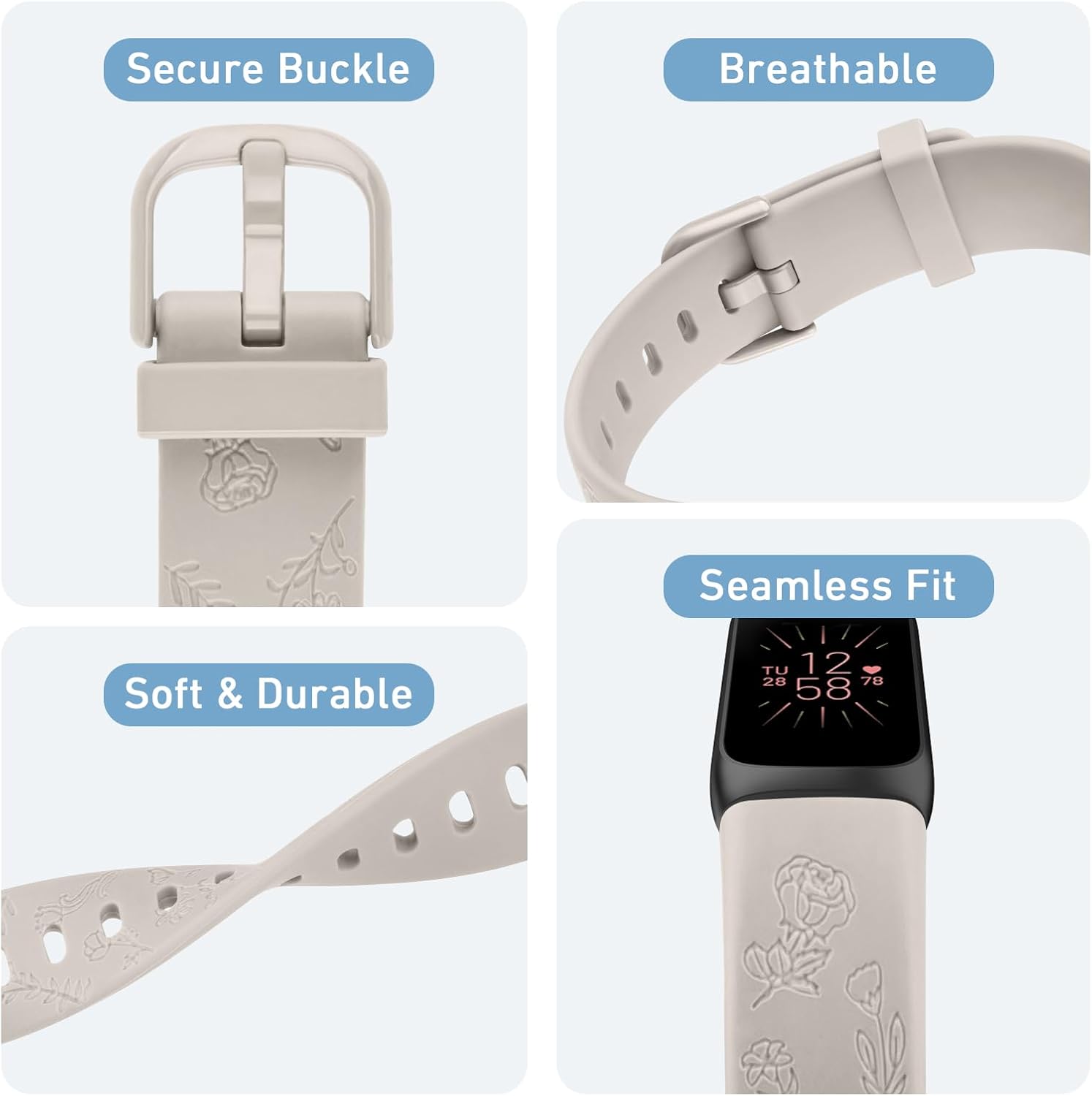 Amzpas Correa grabada para Fitbit Luxe para mujer, diseño floral, de silicona, impermeable, correa de repuesto compatible con Fitbit Luxe Fitness