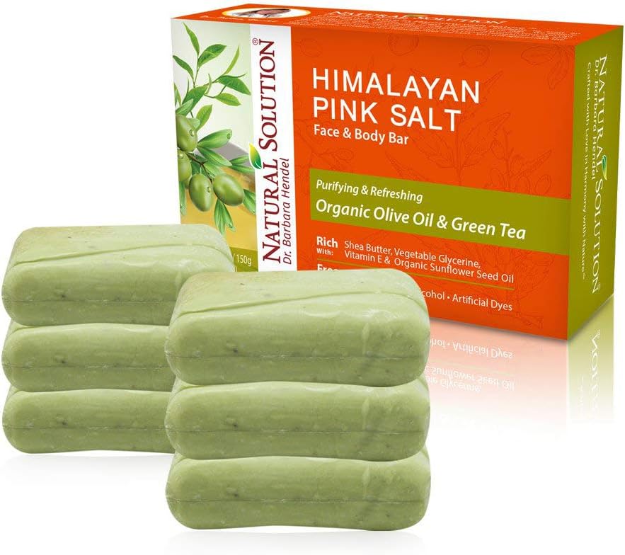Natural Solution Himalayan Pink Salt Bath, barra de jabón de té verde (paquete de 6), barra de jabón de aceite de oliva y té verde (paquete de 6)