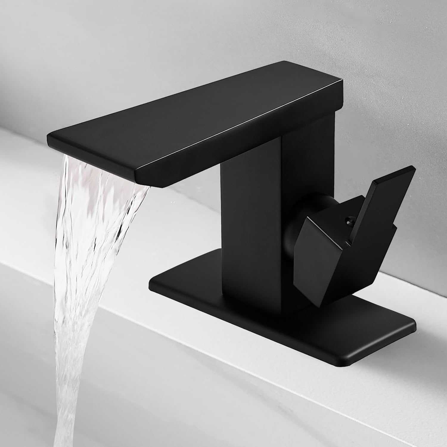 BESy Grifo de baño negro con boquilla de cascada de acero inoxidable, 1 agujero y 3 agujeros, grifo de lavabo de baño de una sola manija, grifo de
