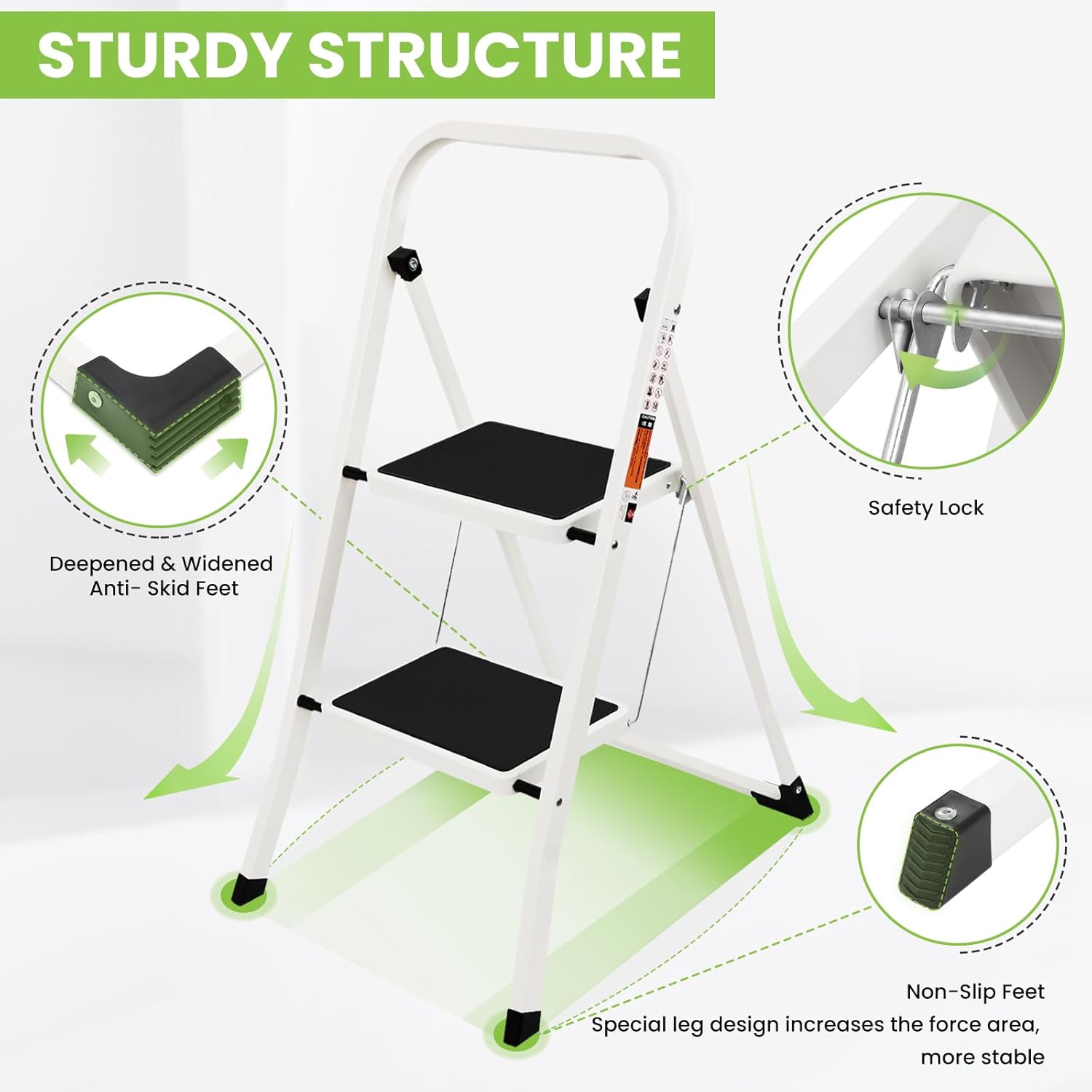 Escalera de 2 escalones, taburete plegable con pedal antideslizante ancho, capacidad de 330 libras, escaleras ligeras portátiles para el hogar,