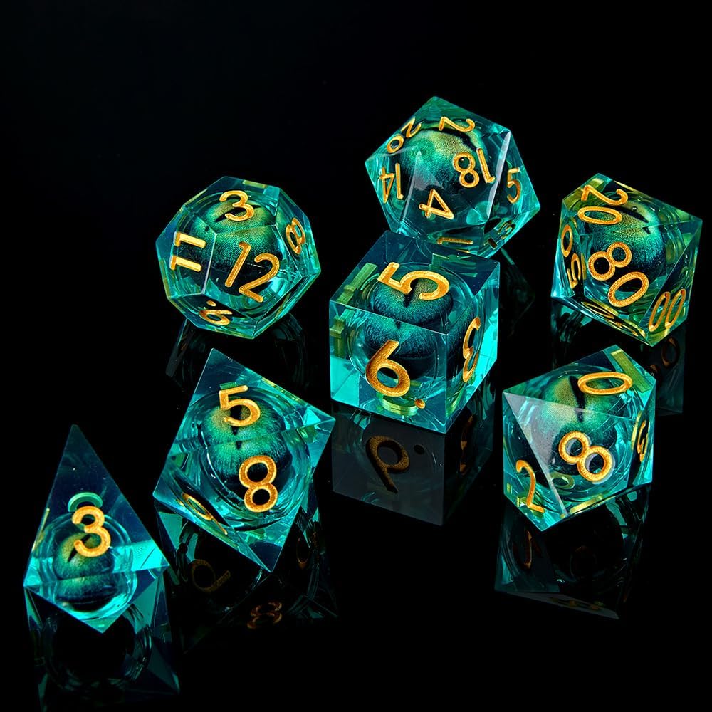 Dragon Eye – Juego de 7 dados para DND, núcleo líquido, juego de dados D&D para juegos TRPG de Calabozos y Dragones, dados giratorios de ojo de