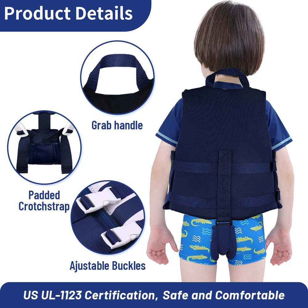 Boglia Chaleco de natación para niños pequeños con correa de seguridad ajustable para aprender a nadar, niños de 1 a 9 años, 24 a 75 libras