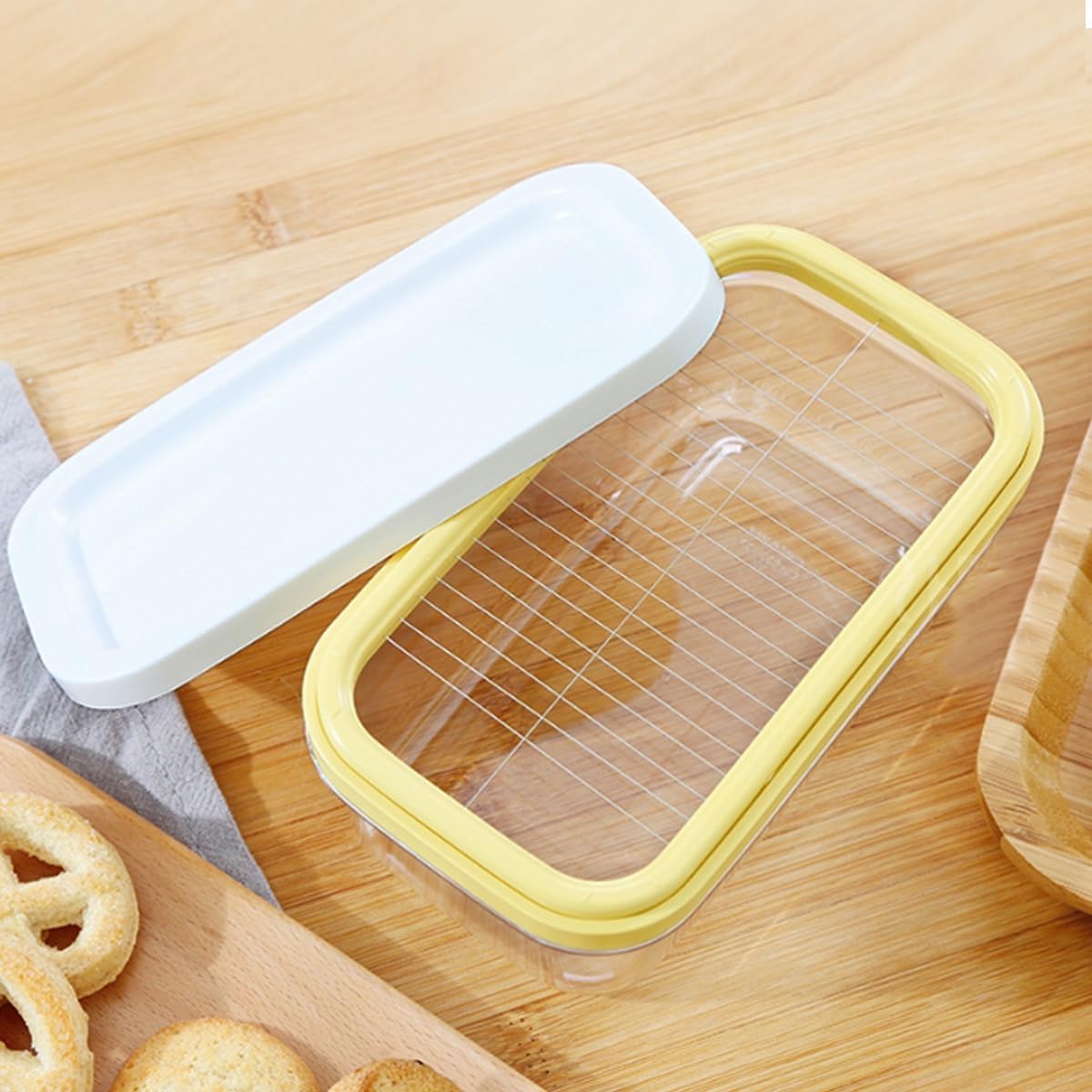 Cortador de mantequilla de acero inoxidable, cortador de mantequilla y plato, recipiente para rebanar mantequilla con tapa para refrigerador, caja
