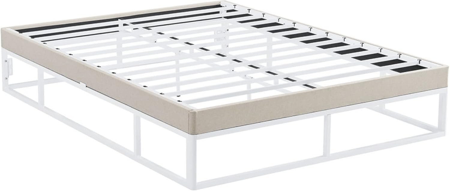 Classic Brands Capri – Base de cama con plataforma de metal blanco con base de colchón tapizada beige integrada, tamaño Queen